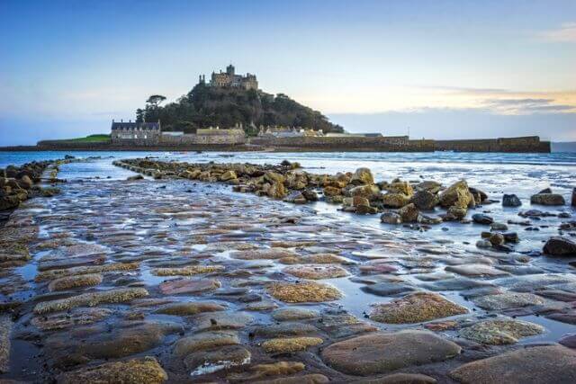 A view of the cobbled path leading to St Michael's Mount in Marazion, Cornwall.