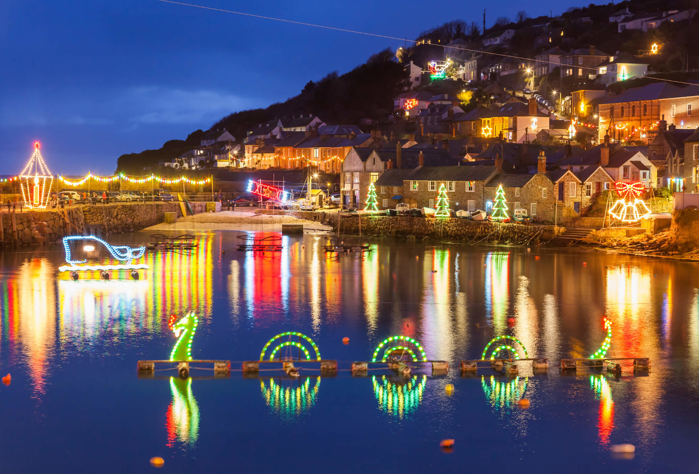 Mousehole harbour Christmas lights display