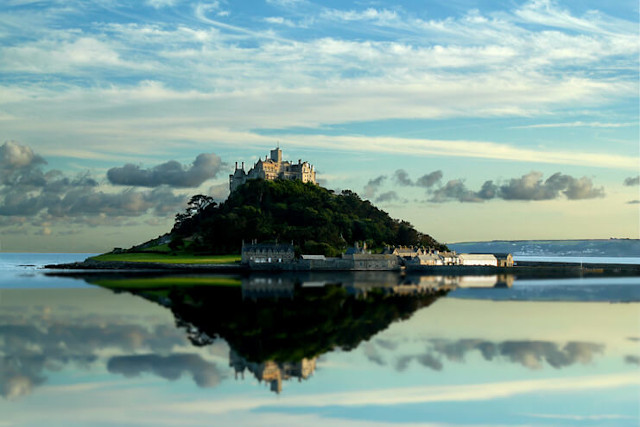 View of St Michael's mount with silhouette against the sea