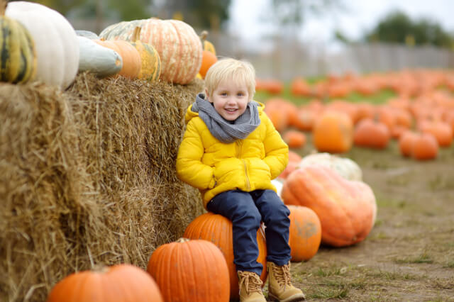 little boy sat on a pumpkin in front of a hay bale