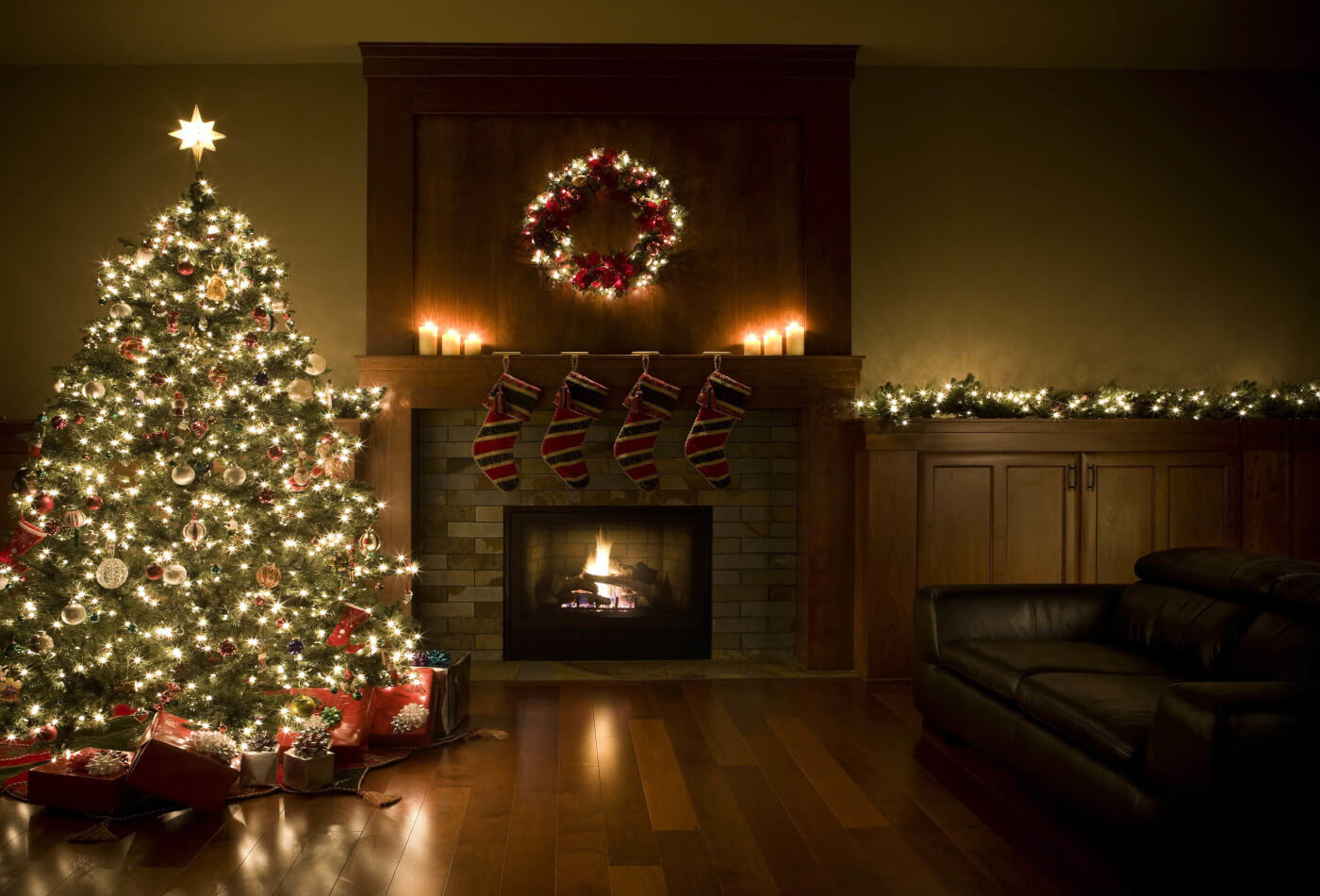 Adorned Christmas Tree Wreath and Garland Inside Living Room