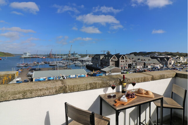 View from the balcony of Dawn Catcher, a self-catering apartment in Falmouth, Cornwall.