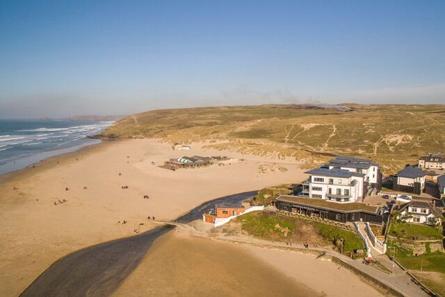 Aerial view of Perranporth Beach.