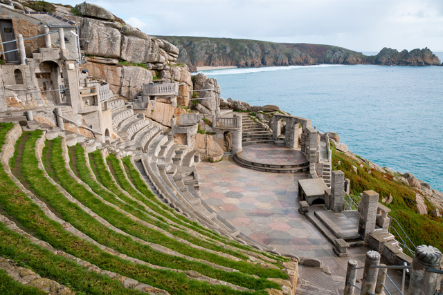 View of cliffs at Porthcurno Beach from the Minack Theatre
