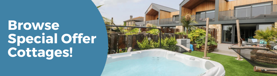 Special offer banner with image of a garden with hot tub and house in the background.