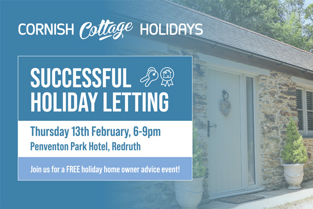 Graphic with details for Cornish Cottage Holidays' 'Successful Holiday Letting' event on Thursday 13th February 2025