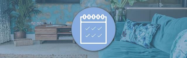 The lounge of a holiday cottage, overlaid with an icon showing a booking calendar