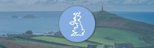 A sea view, overlaid with an icon showing the UK map
