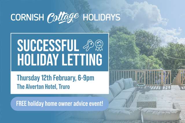 A graphic with the details of Cornish Cottage Holidays' Successful Holiday Letting event, on Thursday 12th February 2026, at the Alverton Hotel, Truro.